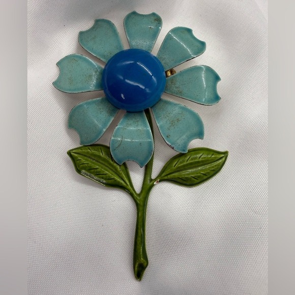 Vintage 1960s Blue Daisy Groovy Flower Brooch Retro Floral Jacket Pin Gift - Picture 2 of 5